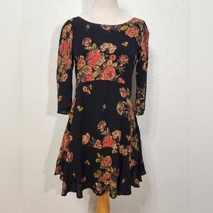 Free People Black Floral Fit and Flare Dress with Bishop Sleeves, Size Xs